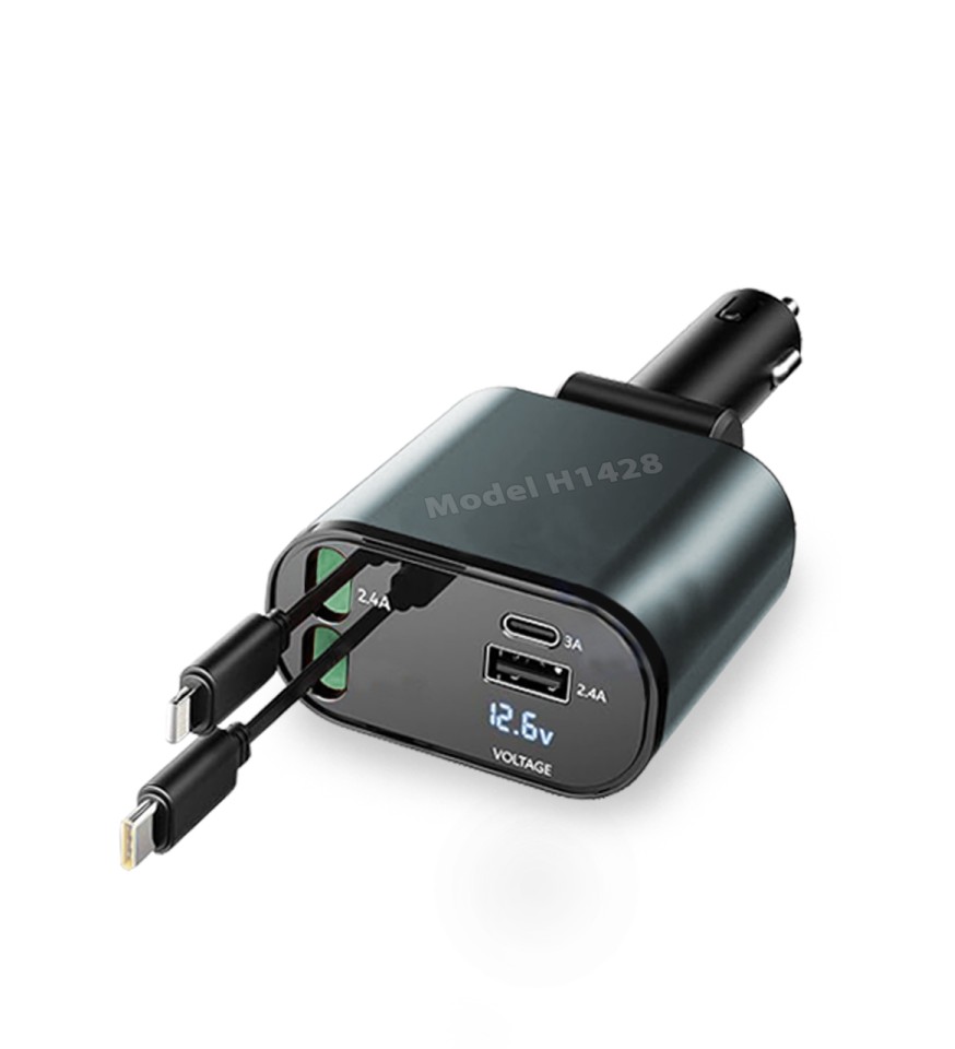 4-in-1 Fast Car Charger with Retractable Cable for Quick Charge